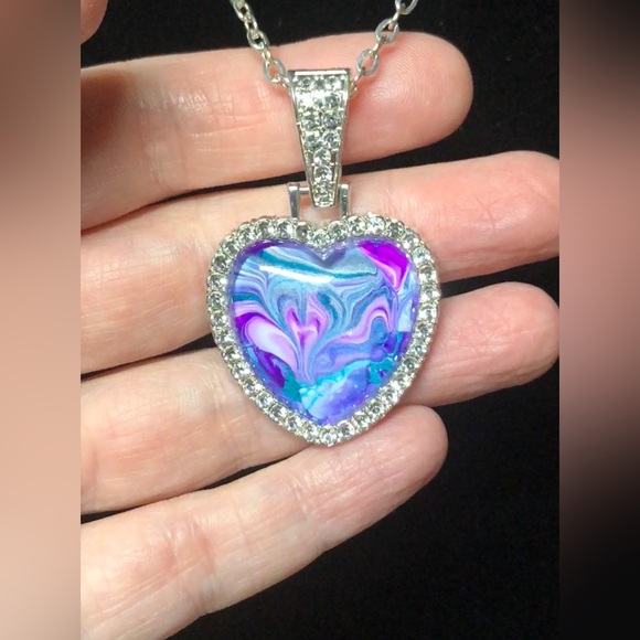 Silver Sparkling Colorful Swirl Heart Pendant Rhinestone Necklace - Picture 3 of 7